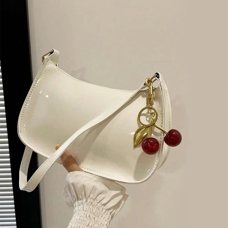 Women's PU Leather Handbag | Versatile Fashion Solid Color Cherry Pendant Shoulder Bag |  Casual Commuting Bag | Girl Underarm Bag