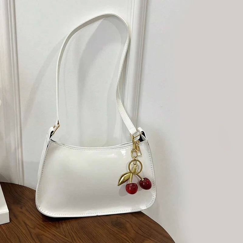 Women's PU Leather Handbag | Versatile Fashion Solid Color Cherry Pendant Shoulder Bag |  Casual Commuting Bag | Girl Underarm Bag