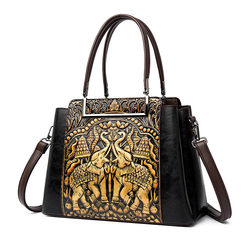 New Vintage Embossed Handmade Handbag For Women | Versatile PU Leather Shoulder Bag 3 Layers Large Capacity Crossbody Bags