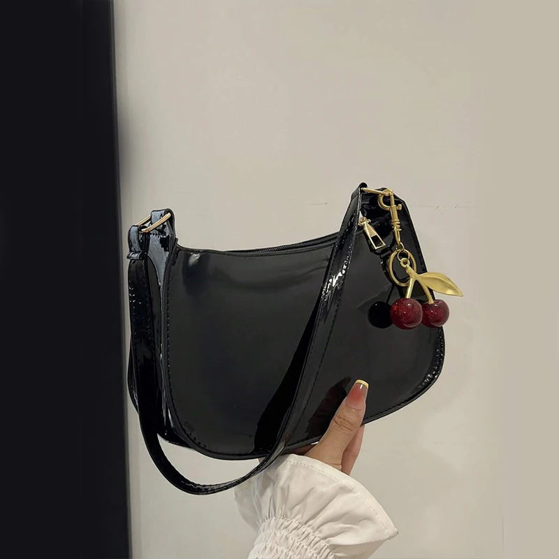 Women's PU Leather Handbag | Versatile Fashion Solid Color Cherry Pendant Shoulder Bag |  Casual Commuting Bag | Girl Underarm Bag