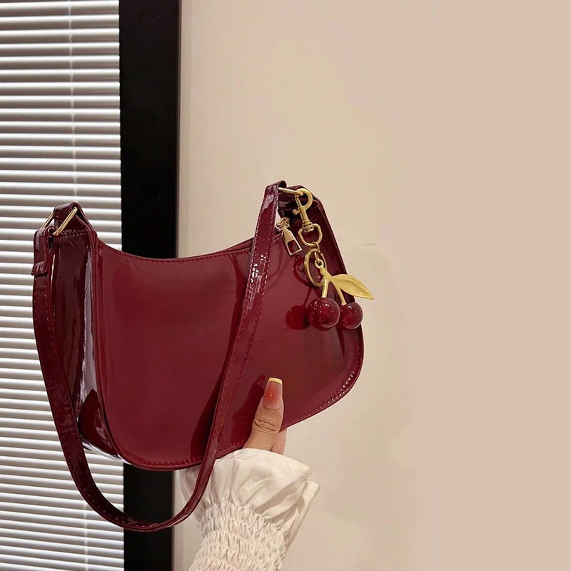 Women's PU Leather Handbag | Versatile Fashion Solid Color Cherry Pendant Shoulder Bag |  Casual Commuting Bag | Girl Underarm Bag