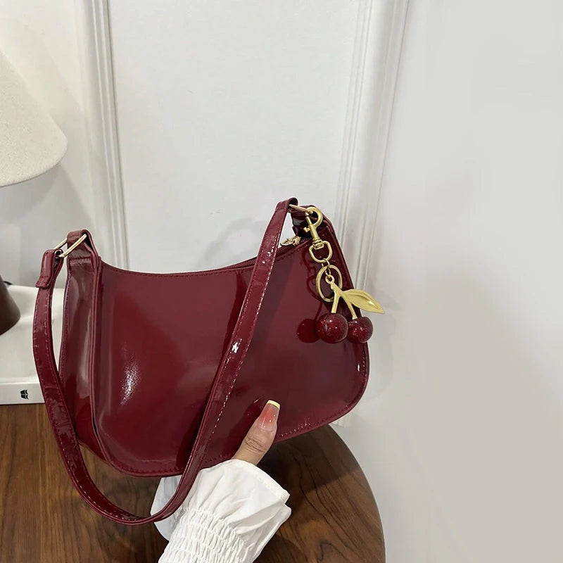 Women's PU Leather Handbag | Versatile Fashion Solid Color Cherry Pendant Shoulder Bag |  Casual Commuting Bag | Girl Underarm Bag