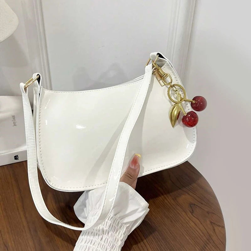 Women's PU Leather Handbag | Versatile Fashion Solid Color Cherry Pendant Shoulder Bag |  Casual Commuting Bag | Girl Underarm Bag