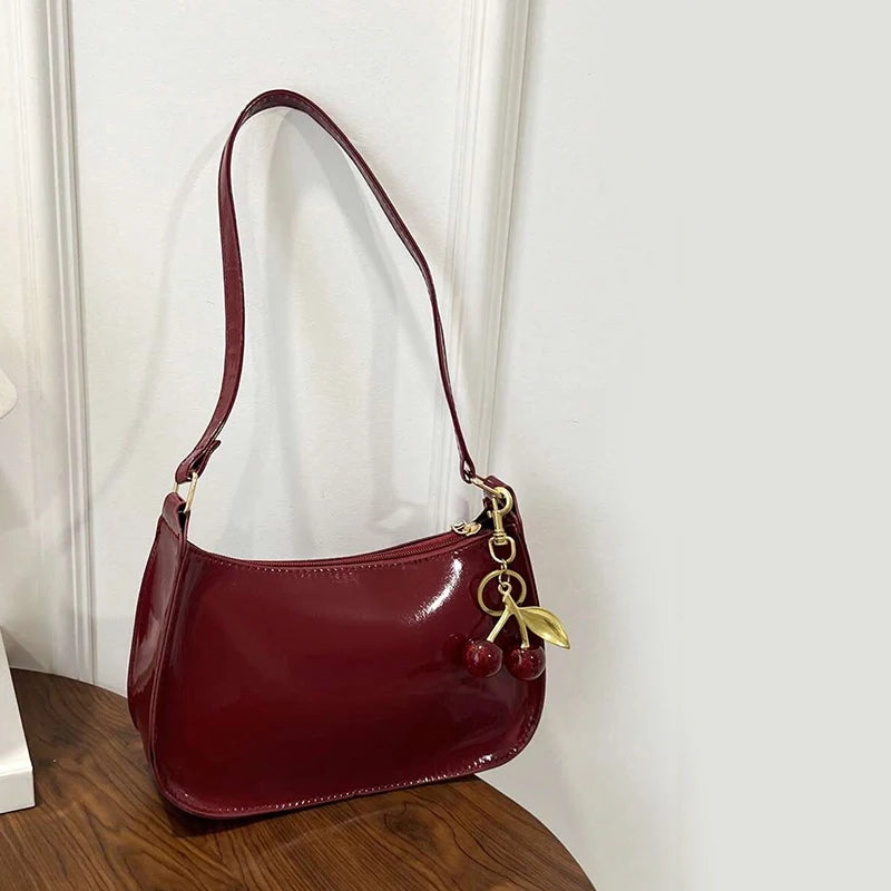Women's PU Leather Handbag | Versatile Fashion Solid Color Cherry Pendant Shoulder Bag |  Casual Commuting Bag | Girl Underarm Bag