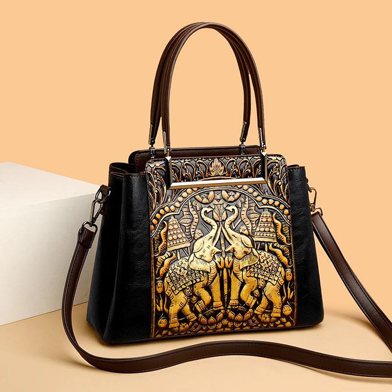 New Vintage Embossed Handmade Handbag For Women | Versatile PU Leather Shoulder Bag 3 Layers Large Capacity Crossbody Bags