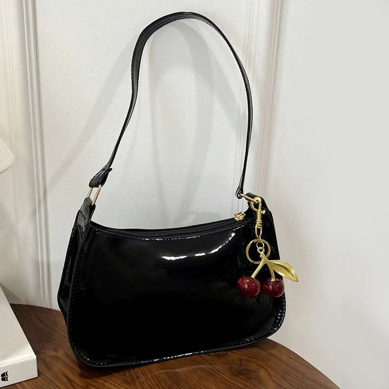 Women's PU Leather Handbag | Versatile Fashion Solid Color Cherry Pendant Shoulder Bag |  Casual Commuting Bag | Girl Underarm Bag