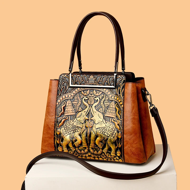 New Vintage Embossed Handmade Handbag For Women | Versatile PU Leather Shoulder Bag 3 Layers Large Capacity Crossbody Bags