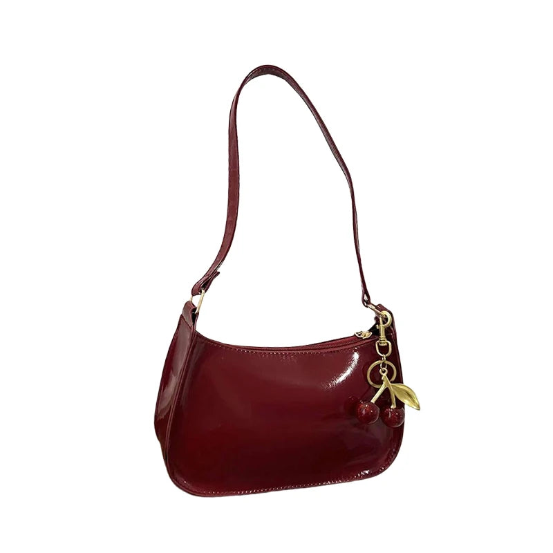 Women's PU Leather Handbag | Versatile Fashion Solid Color Cherry Pendant Shoulder Bag |  Casual Commuting Bag | Girl Underarm Bag