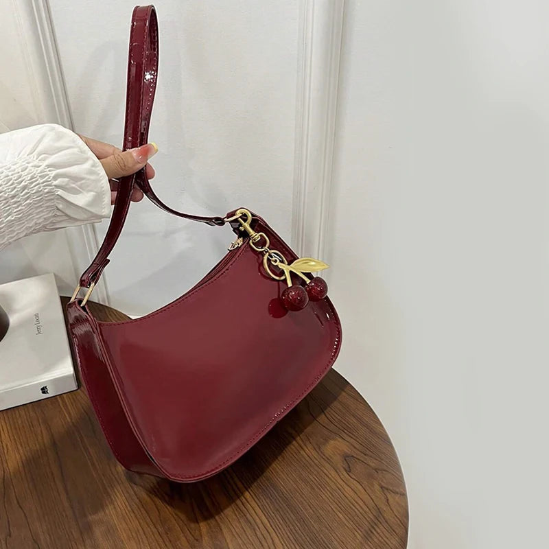 Women's PU Leather Handbag | Versatile Fashion Solid Color Cherry Pendant Shoulder Bag |  Casual Commuting Bag | Girl Underarm Bag