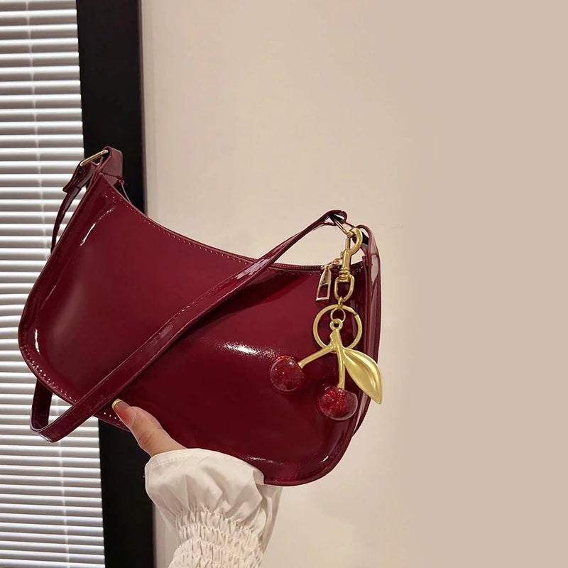 Women's PU Leather Handbag | Versatile Fashion Solid Color Cherry Pendant Shoulder Bag |  Casual Commuting Bag | Girl Underarm Bag