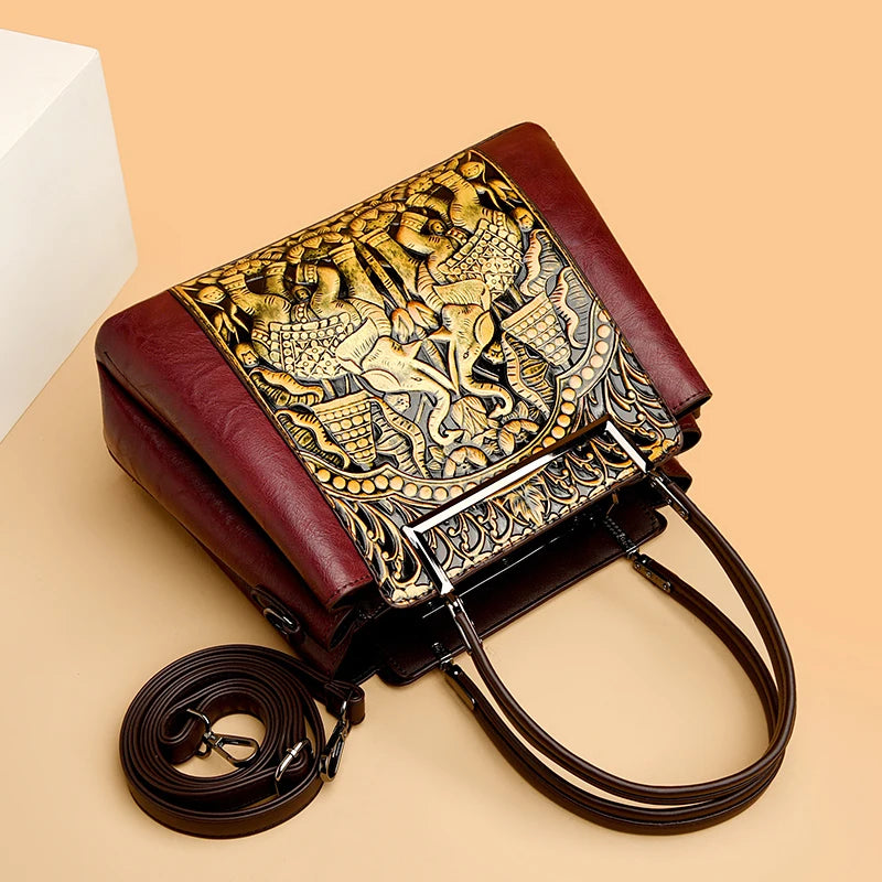 New Vintage Embossed Handmade Handbag For Women | Versatile PU Leather Shoulder Bag 3 Layers Large Capacity Crossbody Bags