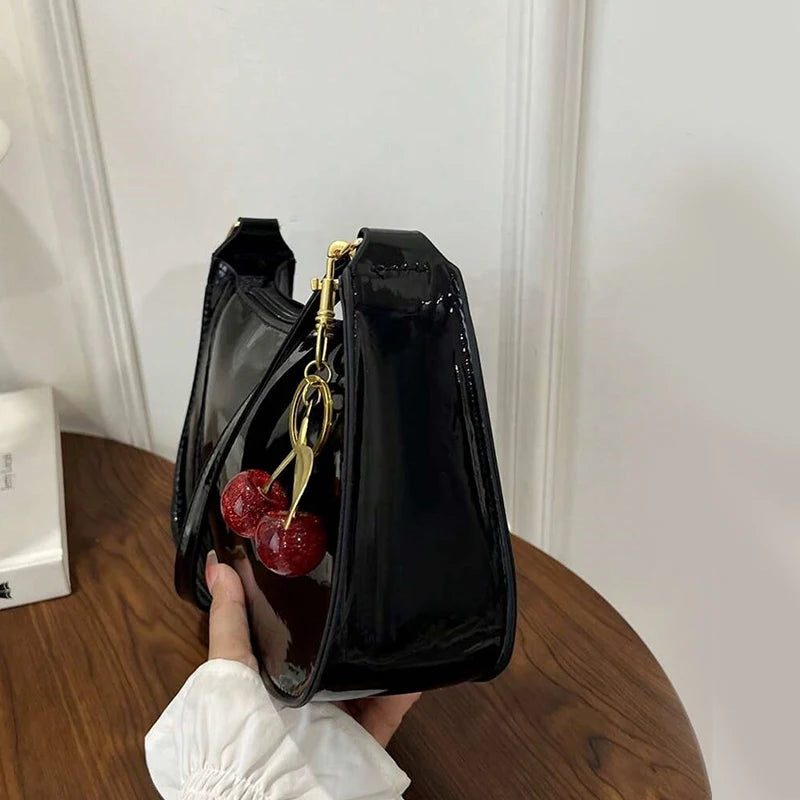 Women's PU Leather Handbag | Versatile Fashion Solid Color Cherry Pendant Shoulder Bag |  Casual Commuting Bag | Girl Underarm Bag