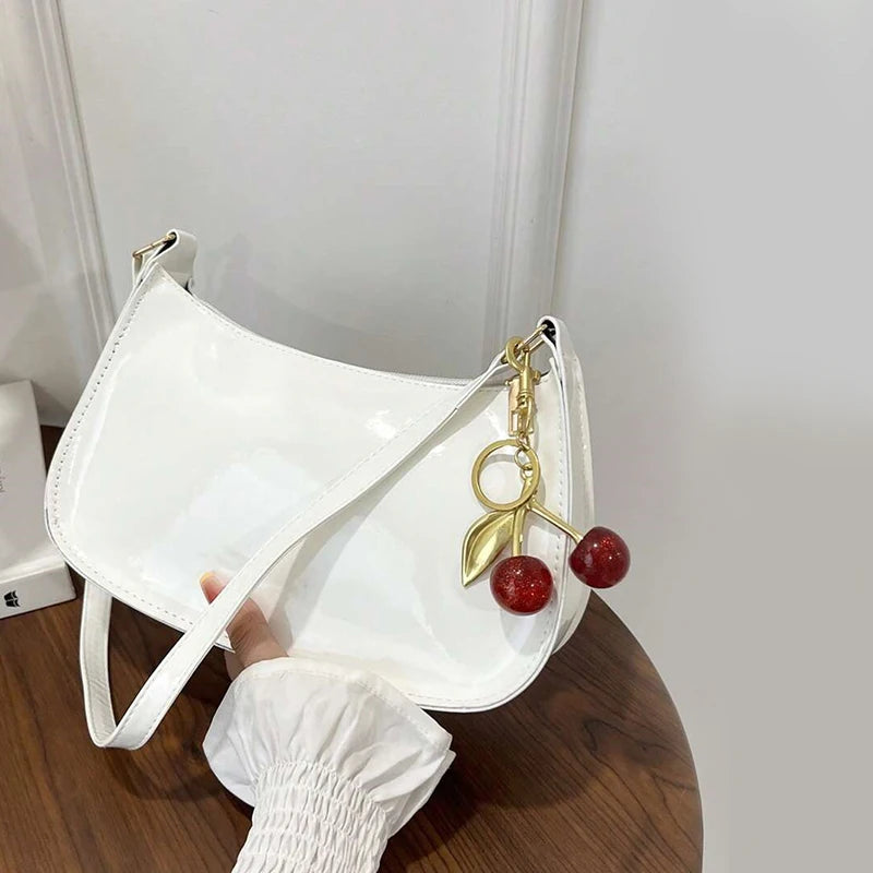 Women's PU Leather Handbag | Versatile Fashion Solid Color Cherry Pendant Shoulder Bag |  Casual Commuting Bag | Girl Underarm Bag