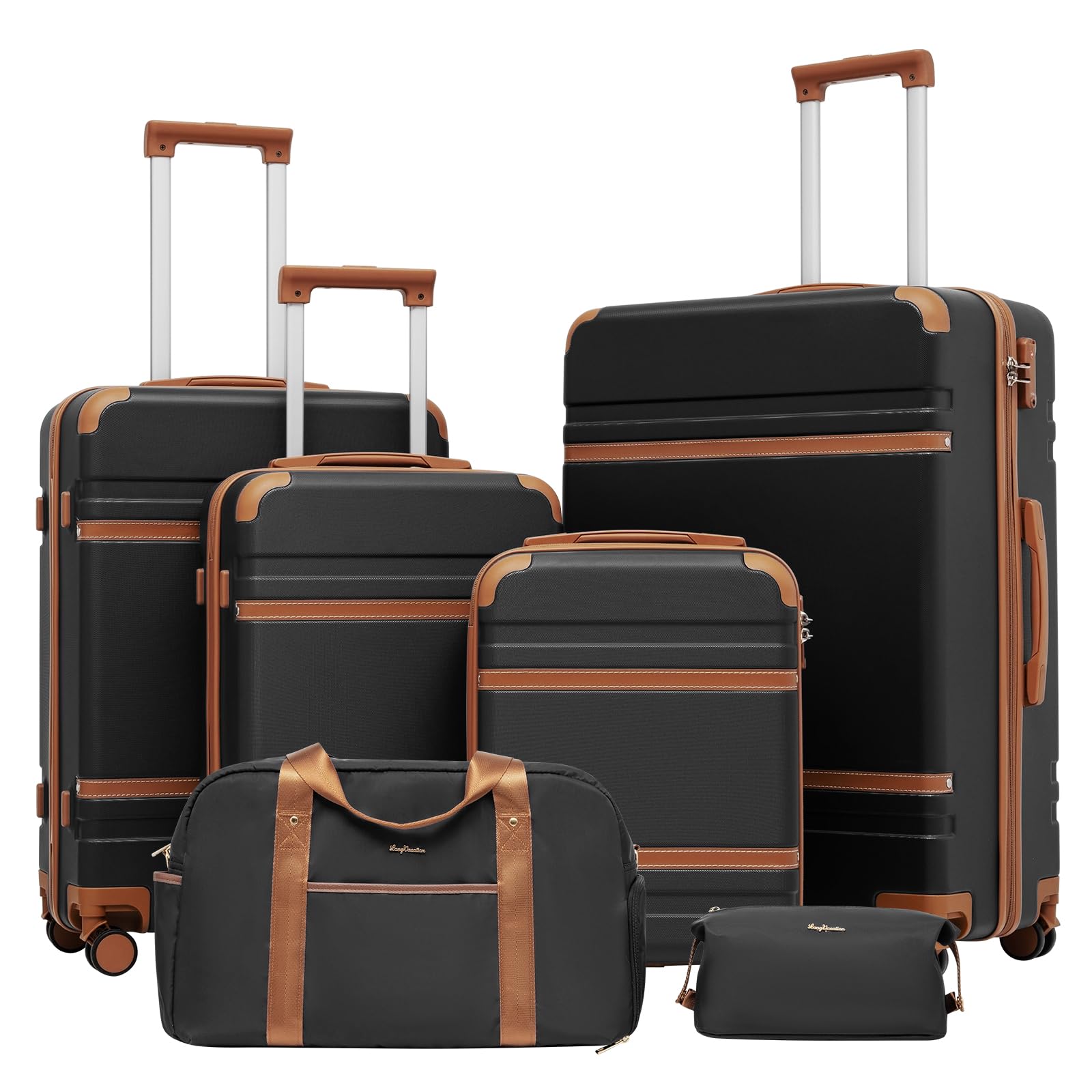 VACATION Luggage Set | 4 Piece Luggage ABS Carry on | Suitcase Hardside Luggage with TSA Lock Spinner Wheels | Travel Bag(Black Brown 6 piece set)